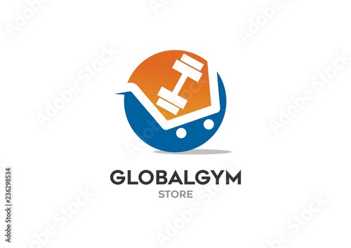 Fitness store logo concept / chart and dumbbell in sphere vector