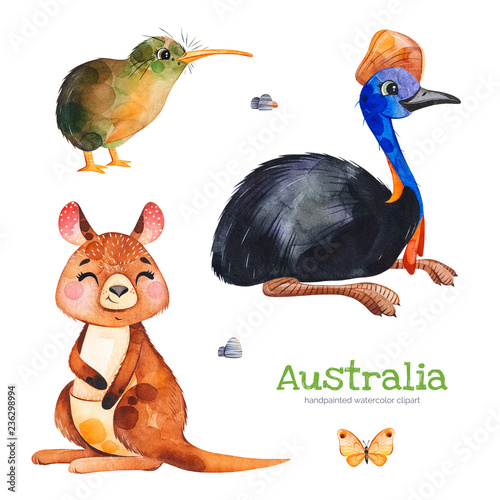 Australia watercolor set.Cute collection with cassowary,kiwi bird,kangaroo,butterfly,stones.Watercolor cute animals.Perfect for wallpaper,print,packaging,invitations,Baby shower,patterns,travel,logos