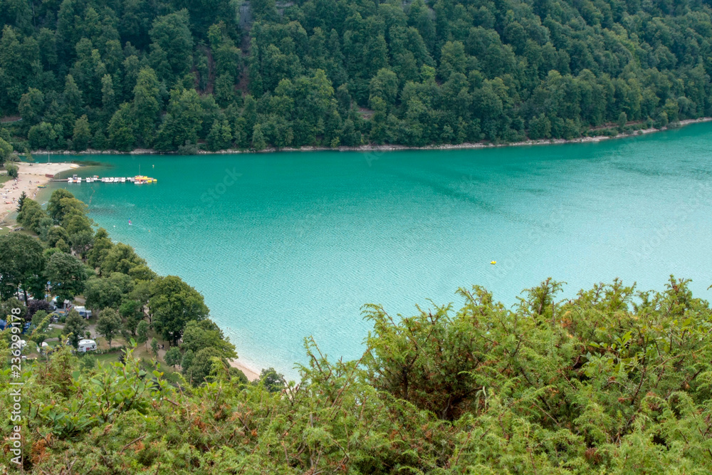 Obraz premium Aerial view of Lake Chalain in Jura mountains, France.