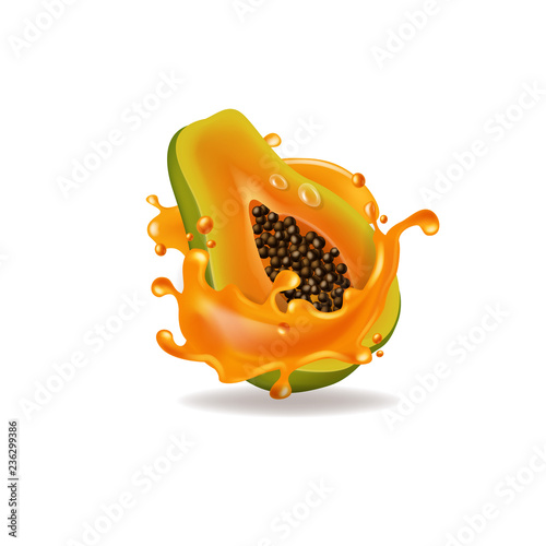 Realistic papaya with fruit juice splash.