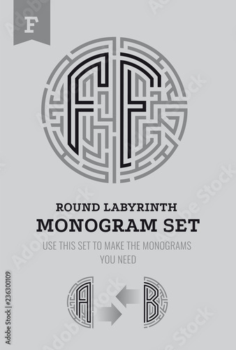 F letter maze. Set for the labyrinth logo and monograms, coat of arms, heraldry.