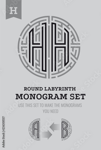 H letter maze. Set for the labyrinth logo and monograms, coat of arms, heraldry.