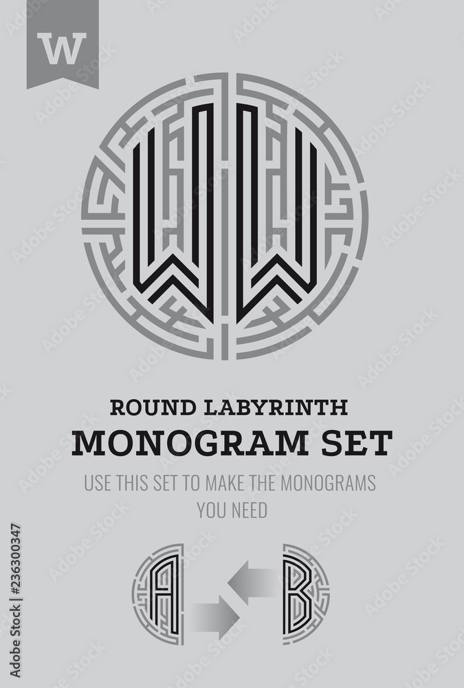 W letter maze. Set for the labyrinth logo and monograms, coat of arms, heraldry. W letter maze. Set for the labyrinth logo and monograms, coat of arms, heraldry.