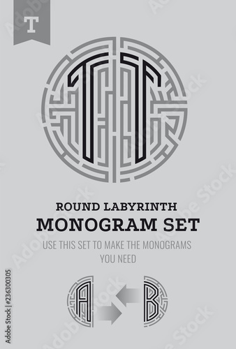 T letter maze. Set for the labyrinth logo and monograms, coat of arms, heraldry.