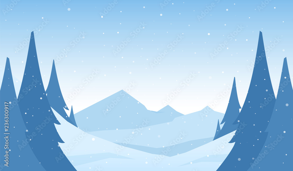 Vector snowy winter mountains cartoon landscape with hills and pines on foreground.