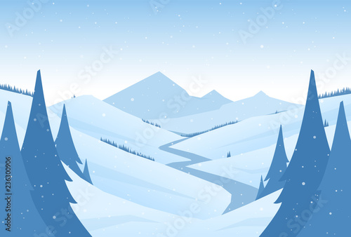 Vector snowy winter mountains landscape with hills, river or road and pines on foreground.