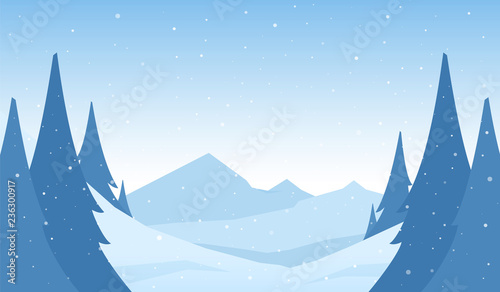 Vector snowy winter mountains cartoon landscape with hills and pines on foreground.