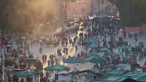 Crowds and activities in the late afternoon in the main square, Jemaa el-Fnaa, in Marakesh, Morocco