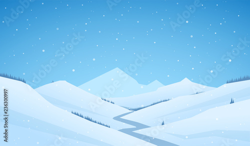 Vector snowy winter mountains landscape with hills and river or road.