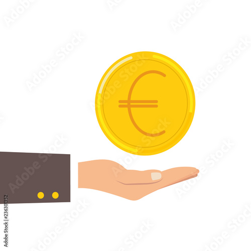 Hand holding euro coin. Offer euro coin. Flat illustration.