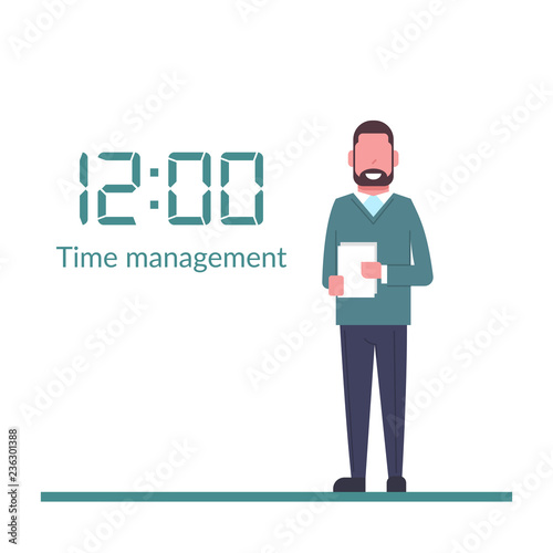 Time management, control. Isolated on background. Businessman stang near huge digital clock. Organization of process. Cute Happy man have a lot of free time. Vector illustration flat design.