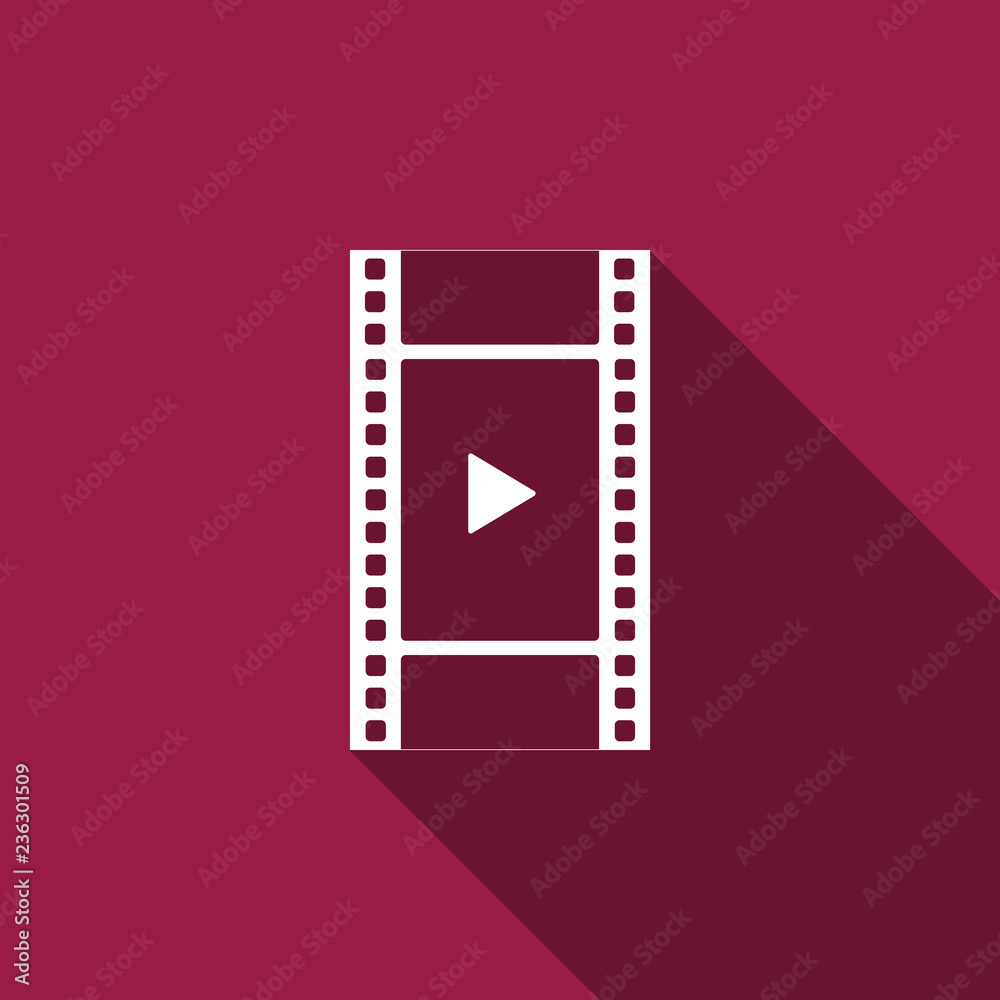 Play Video icon isolated with long shadow. Film strip with play sign. Flat design. Vector Illustration