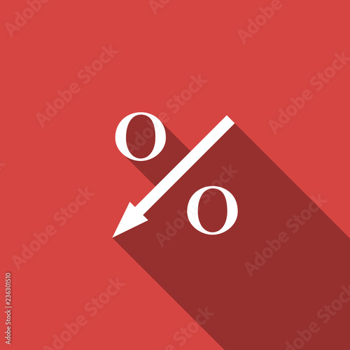 Percent down arrow icon isolated with long shadow. Decreasing percentage sign. Flat design. Vector Illustration