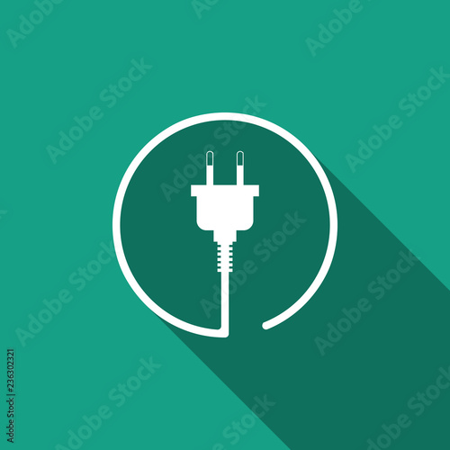 Electric plug icon isolated with long shadow. Concept of connection and disconnection of the electricity. Flat design. Vector Illustration