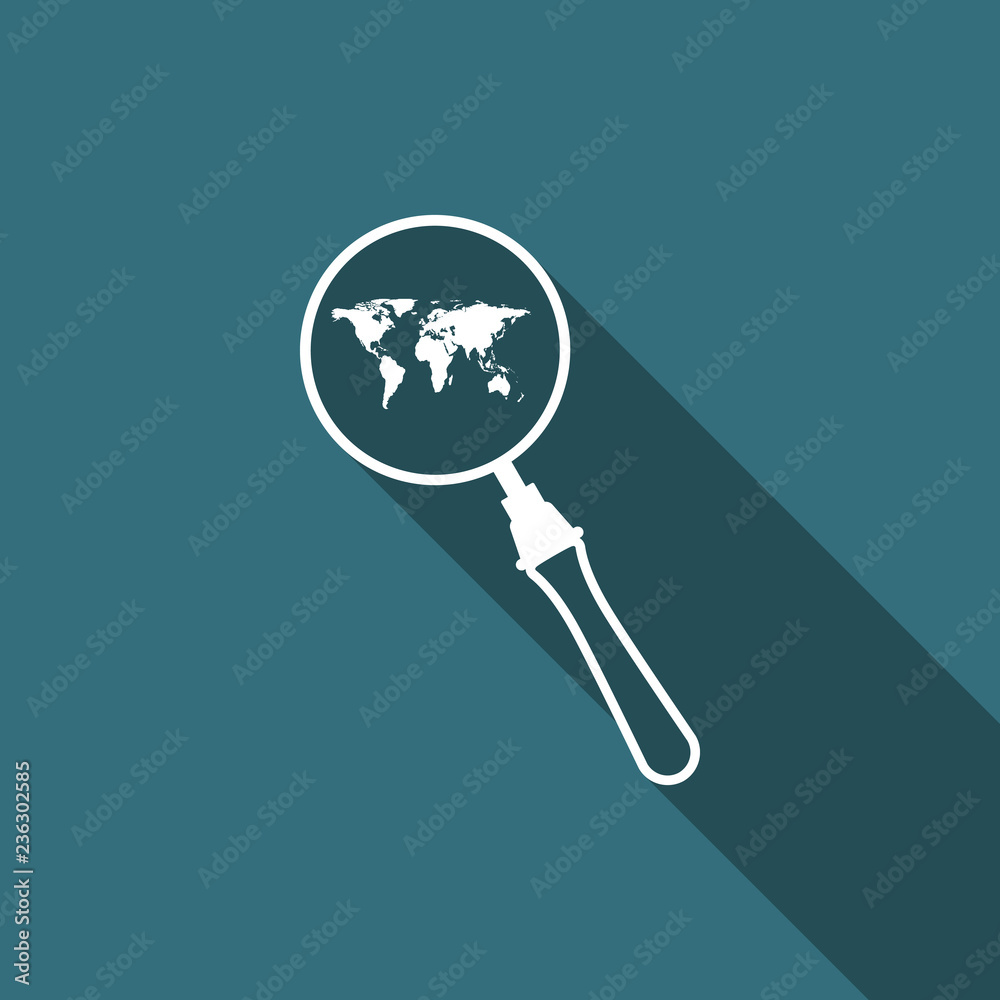 Magnifying glass with world map icon isolated with long shadow. Analyzing the world. Global search sign. Flat design. Vector Illustration Magnifying glass with world map icon isolated with long shadow. Analyzing the world. Global search sign. Flat design. Vector Illustration