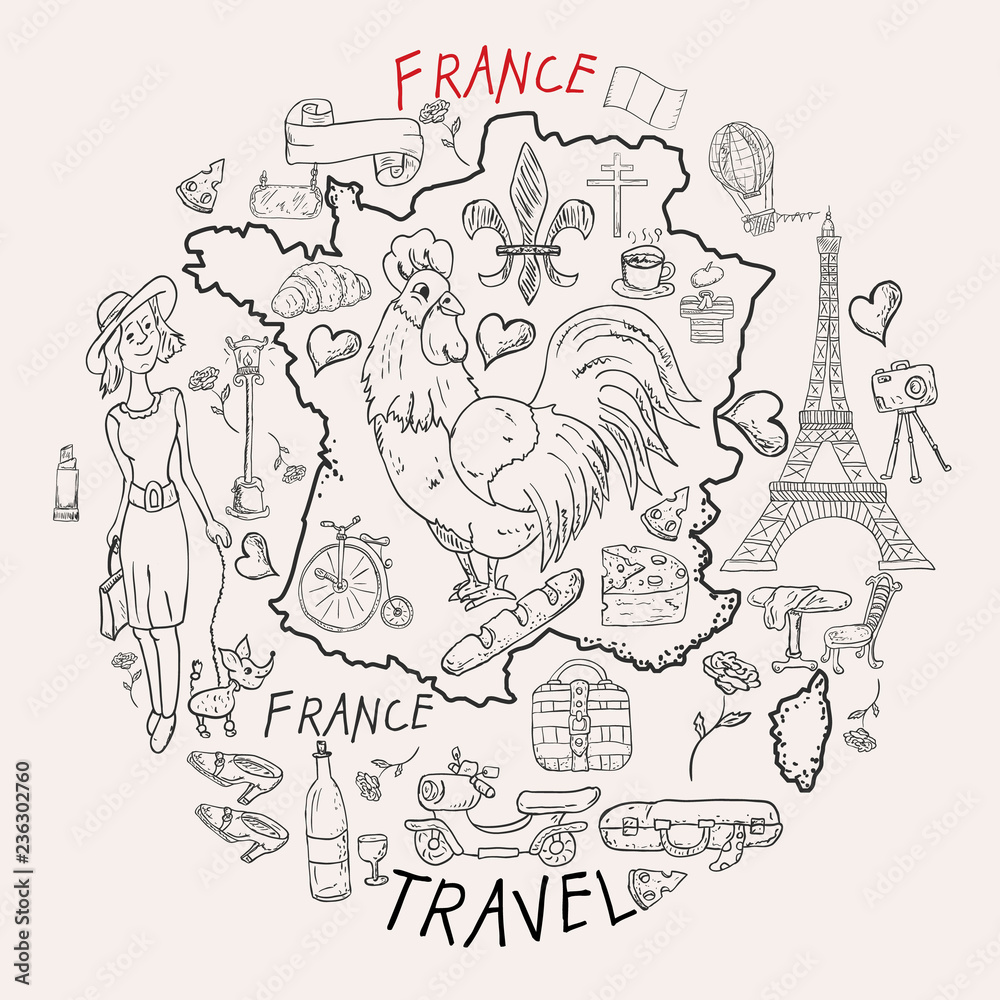 contour illustration, coloring, travel_6_to the country of Europe, France, symbols and attractions, a set of drawings for printing design and web design