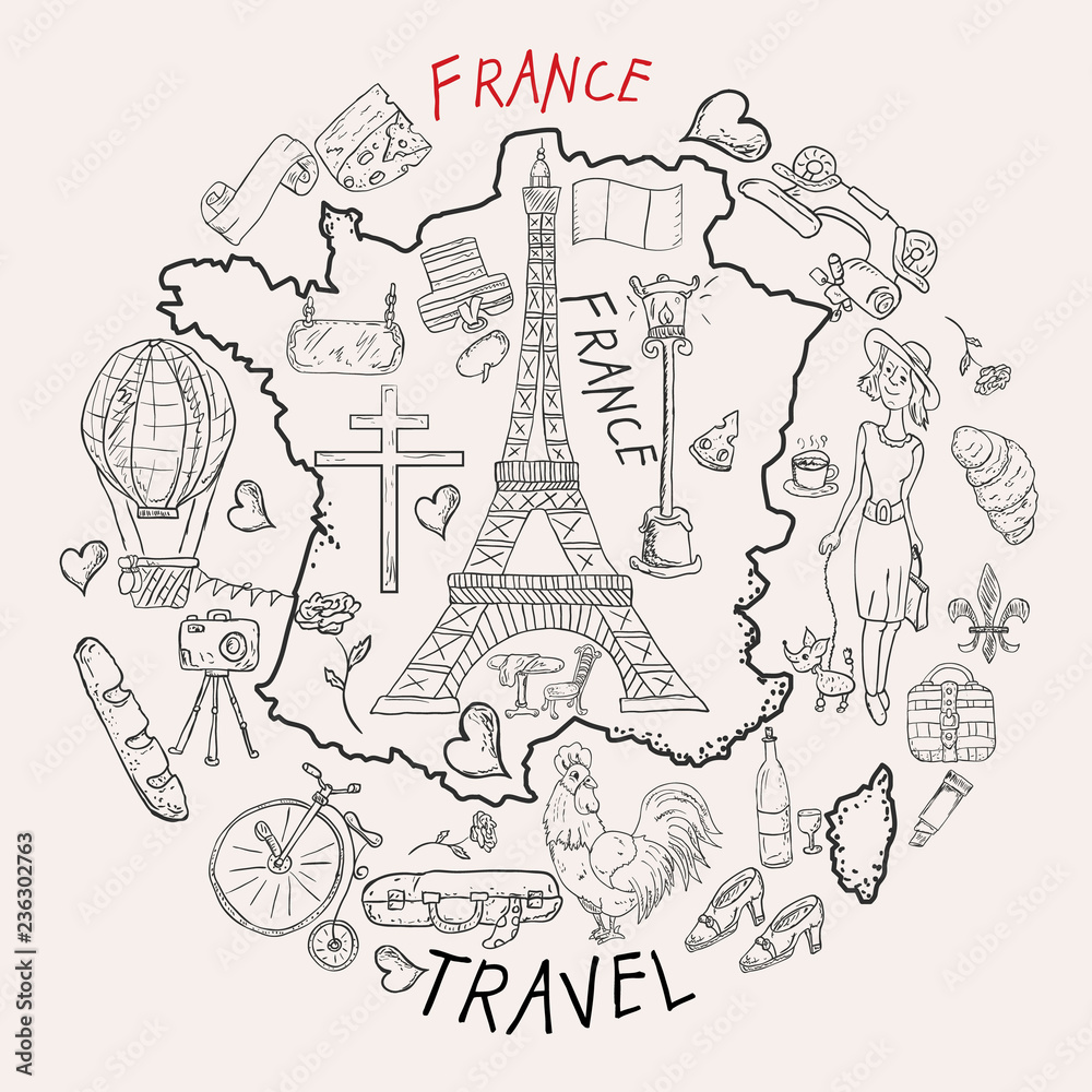 contour illustration, coloring, travel_4_to the country of Europe, France, symbols and attractions, a set of drawings for printing design and web design