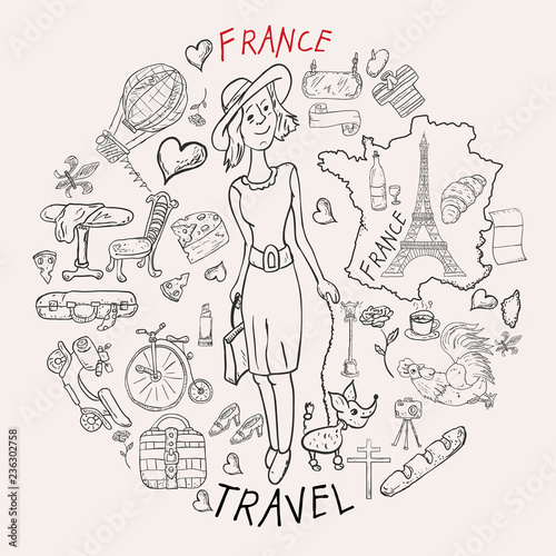 contour illustration, coloring, travel_3_to the country of Europe, France, symbols and attractions, a set of drawings for printing design and web design