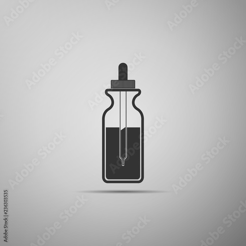 Glass bottle with a pipette. Vial with a pipette inside and closed lid icon isolated on grey background. Container for medical and cosmetic product. Flat design. Vector Illustration