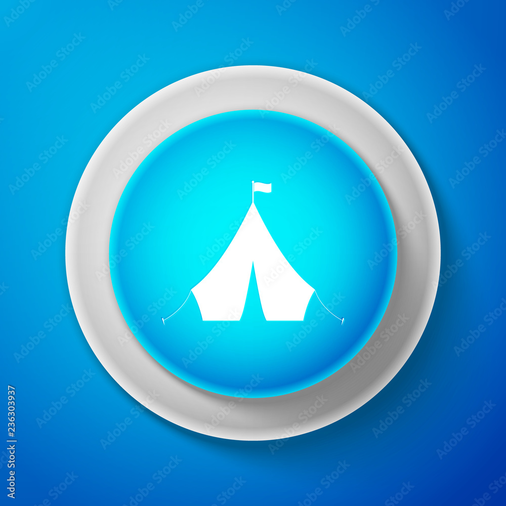 White Tourist tent with flag icon isolated on blue background. Circle blue button with white line. Vector Illustration White Tourist tent with flag icon isolated on blue background. Circle blue button with white line. Vector Illustration