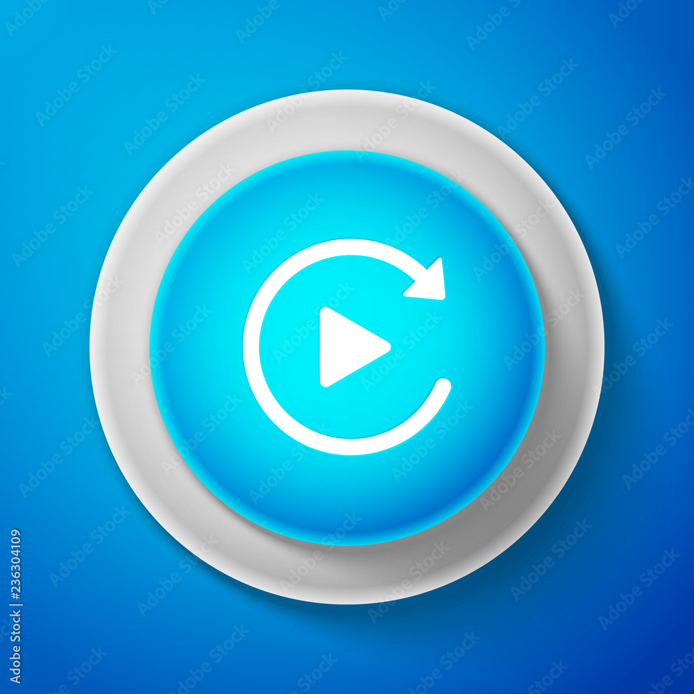 White Video play button like simple replay icon isolated on blue background. Circle blue button with white line. Vector Illustration White Video play button like simple replay icon isolated on blue background. Circle blue button with white line. Vector Illustration