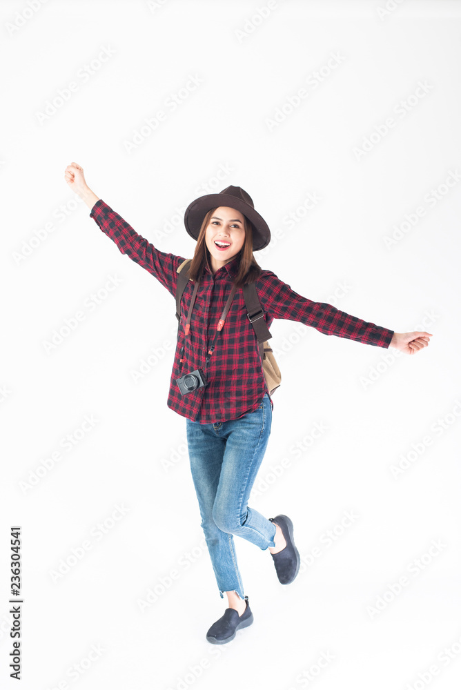 Beautiful traveller woman on white background