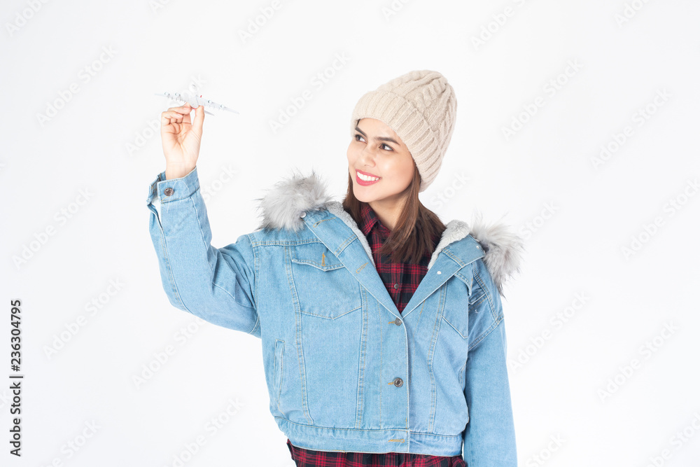 Beautiful traveller woman on white background Beautiful traveller woman on white background