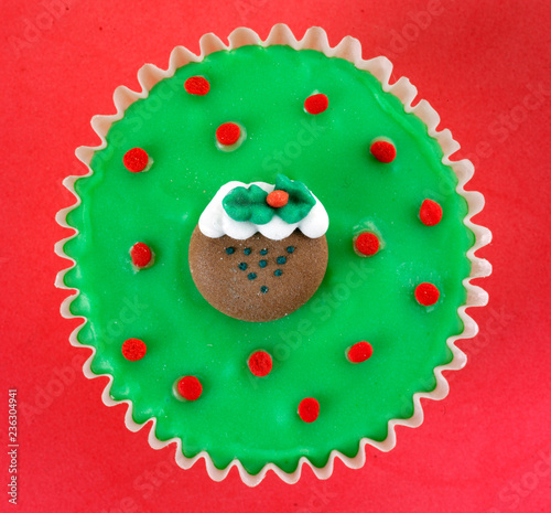 SINGLE CHRISTMAS CUPCAKE OVERHEAD photo