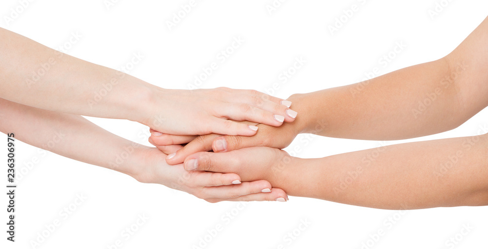 white woman hands comforting her close friend isolated on white background