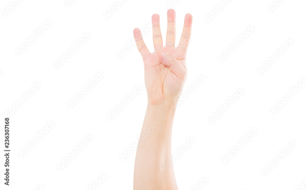 male hand shows number four isolated on white background male hand shows number four isolated on white background