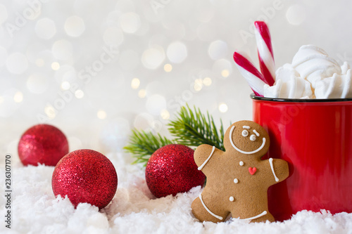 Winter hot drink, cacao with marshmallows and gingerbread man cookies, spicy hot chocolate festive vintage background