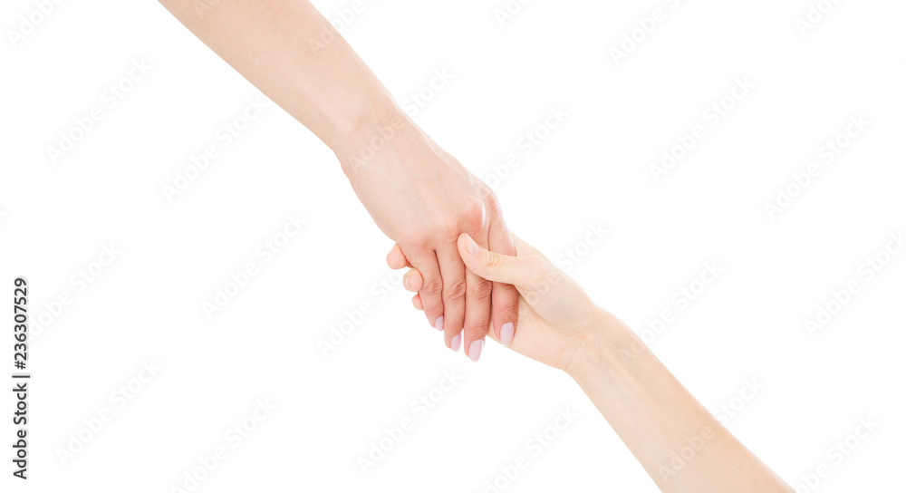 helping handshake isolated on white background, copy space, female hand helping handshake isolated on white background, copy space, female hand