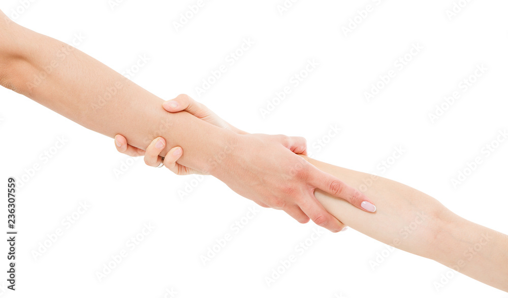 female hand hold another isolated on white background,