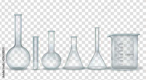 Realistic laboratory chemical and medical glassware set photo