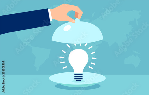 Vector of hands holding silver platter cloche with light bulb.