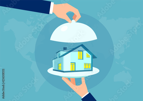 Vector of a hand holding a house model on a platter.