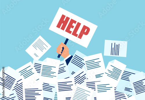 Vector of a businessman in need for help under a lot of bills and documents