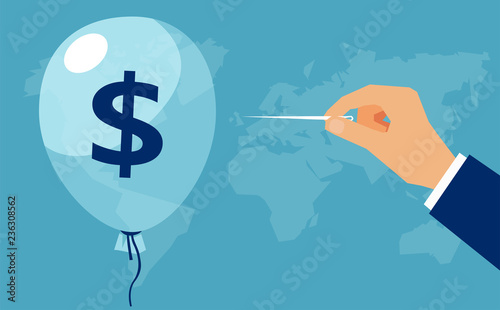 Vector of a hand with needle pierces the balloon with dollar sign