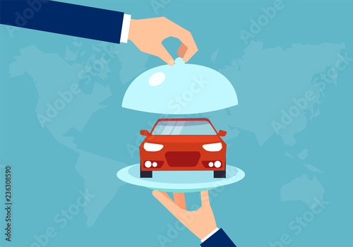 Salesperson offering new car on platter