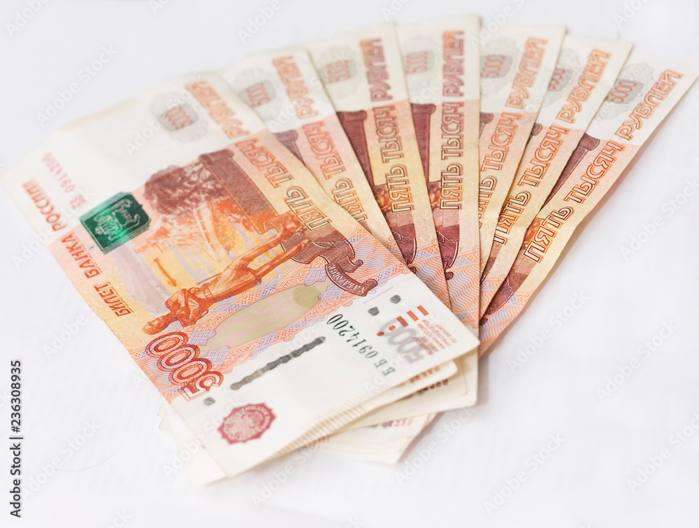 Scattered Russian 5000 rubles banknotes closeup Scattered Russian 5000 rubles banknotes closeup