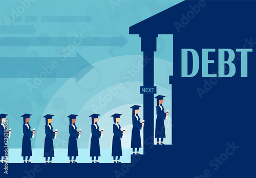 Vector of students staying in line to borrow money in bank to pay for education.
