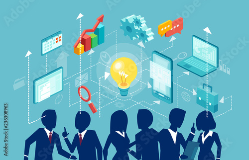 Vector of a group of businesspeople brainstorming an idea, startup plan