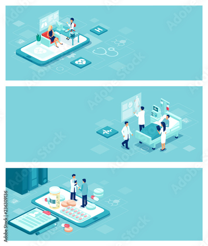 vector healthcare, doctors and patient care banner concept with people and objects
