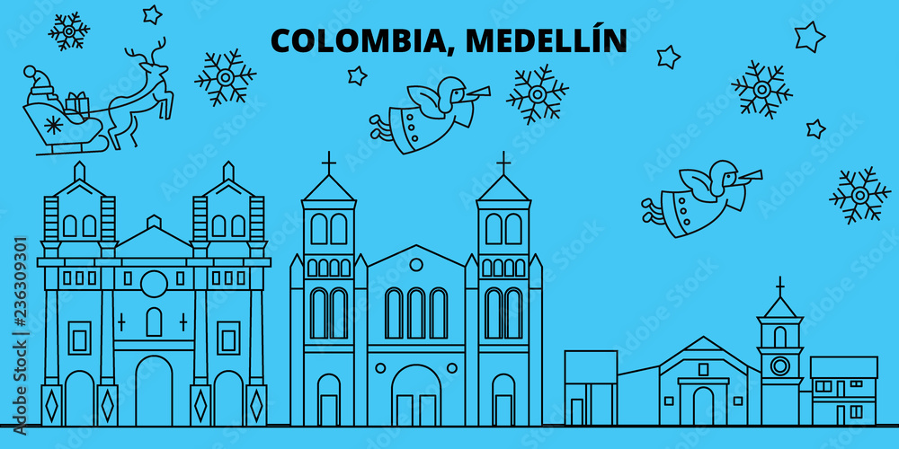 Fototapeta Colombia, Medellin winter holidays skyline. Merry Christmas, Happy New Year decorated banner with Santa Claus.Colombia, Medellin linear christmas city vector flat illustration