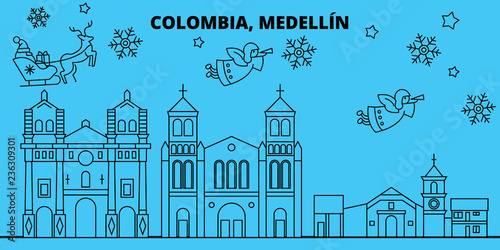 Colombia, Medellin winter holidays skyline. Merry Christmas, Happy New Year decorated banner with Santa Claus.Colombia, Medellin linear christmas city vector flat illustration photo