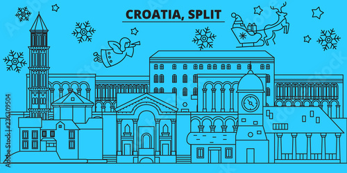 Croatia, Split winter holidays skyline. Merry Christmas, Happy New Year decorated banner with Santa Claus.Flat, outline vector.Croatia, Split linear christmas city illustration