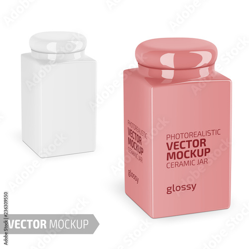 Square glossy ceramic jar mockup. Realistic vector