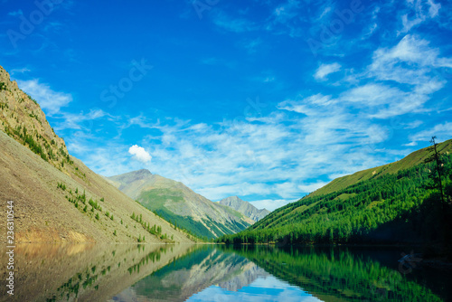 Wonderful mountain lake in valley of highlands. Giant mountains reflected in smooth clean water surface. Amazing coniferous forest in sunlight. Atmospheric vivid green landscape of majestic nature.