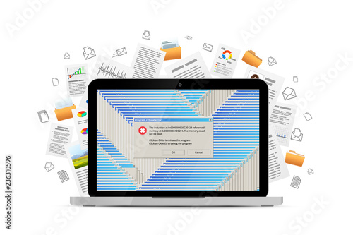 Opened laptop with lots of critical errors messages and many office documents flying away on background, concept illustration on white