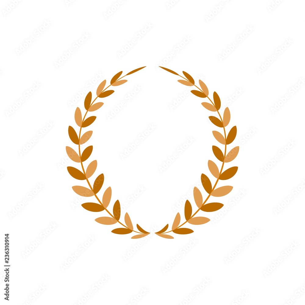 Gold laurel wreath reward. Modern symbol of victory and award achievement champion. Leaf ceremony awarding of winner tournament. Colorful template for badge, tag. Design element. Vector illustration.